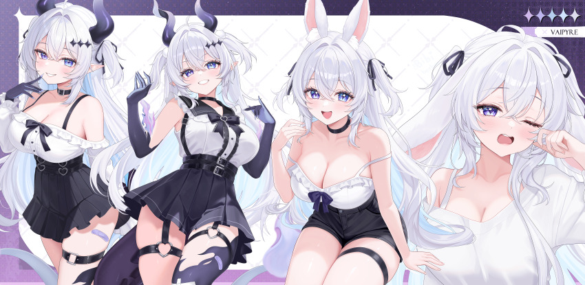 1girl absurdres ahoge animal_ear_fluff animal_ears armpit_crease bare_arms bare_legs bare_shoulders belt bibixart black_bow black_choker black_shorts black_skirt blue_eyes bow bra_strap breasts choker cleavage collarbone colored_inner_hair demon_horns diamond-shaped_pupils diamond_(shape) elbow_gloves feet_out_of_frame frilled_shirt frills gloves grin hair_between_eyes hair_ribbon hand_up high-waist_shorts high-waist_skirt highres horns indie_virtual_youtuber large_breasts long_hair looking_at_viewer multicolored_hair multiple_views off-shoulder_shirt off_shoulder one_eye_closed open_mouth pleated_skirt pointy_ears purple_eyes rabbit_ears ribbon shirt shirt_tucked_in short_shorts shorts simple_background sitting skindentation skirt sleeveless sleeveless_shirt smile spaghetti_strap strap_slip symbol-shaped_pupils tail thigh_strap thighs two_side_up vaipyre_(vtuber) very_long_hair white_background white_hair white_shirt