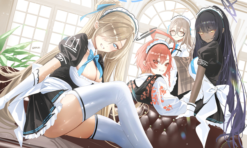 4girls ahoge akane_(blue_archive) ass asuna_(blue_archive) black-framed_eyewear black_dress black_hair blue_archive blue_eyes blue_halo blush braid breasts cleavage closed_mouth dark-skinned_female dark_skin dress glasses gloves grin hair_between_eyes hair_over_one_eye halo haruri highres huge_ahoge indoors karin_(blue_archive) large_breasts light_brown_hair long_hair looking_at_viewer maid maid_headdress multiple_girls neru_(blue_archive) puffy_short_sleeves puffy_sleeves purple_halo red_eyes red_hair short_hair short_sleeves single_braid smile thighhighs white_gloves white_thighhighs yellow_eyes