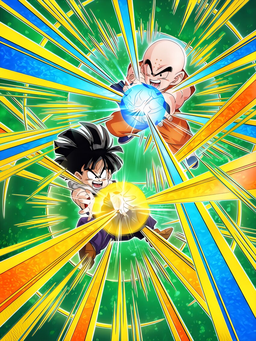 2boys absurdres bald bald_male black_eyes black_hair dokkan_battle dragon_ball highres kamehameha_(dragon_ball) kuririn looking_at_viewer masenko multiple_boys muscular muscular_male official_art screaming serious son_gohan