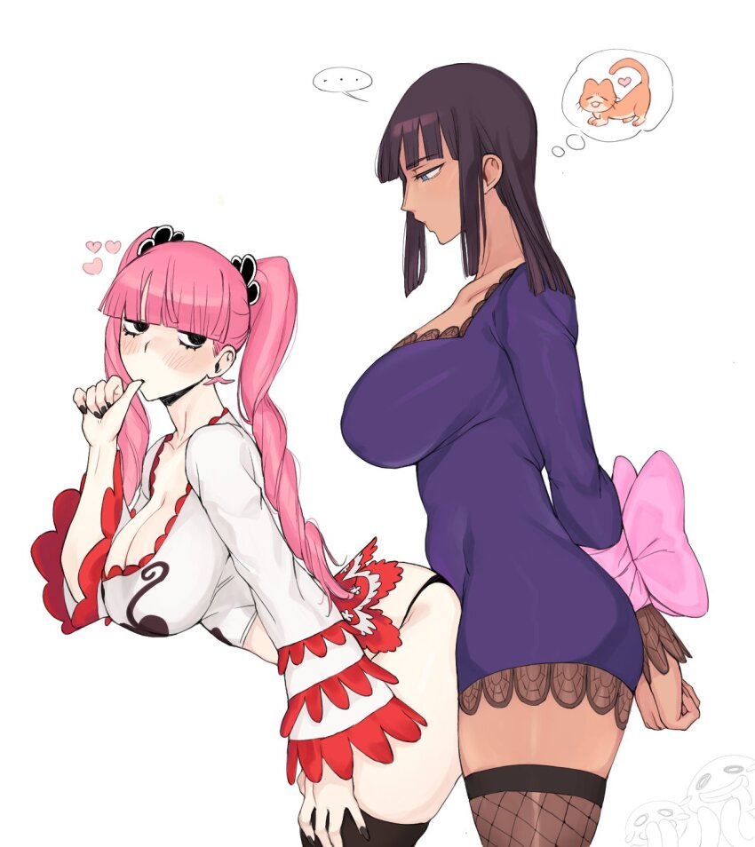 ... 2girls arms_behind_back bent_over black_eyes blue_eyes blunt_bangs bound bound_arms bound_wrists breasts brown_hair cleavage collarbone crop_top dark-skinned_female dark_skin drill_hair fishnet_thighhighs fishnets frilled_sleeves frills from_side heart highres jitome large_breasts long_hair looking_at_another looking_back lushhhh multiple_girls nico_robin nico_robin_(thriller_bark) one_piece perona pink_hair simple_background skindentation sleeves_past_wrists speech_bubble stomach thighhighs thong thought_bubble twin_drills white_background yuri