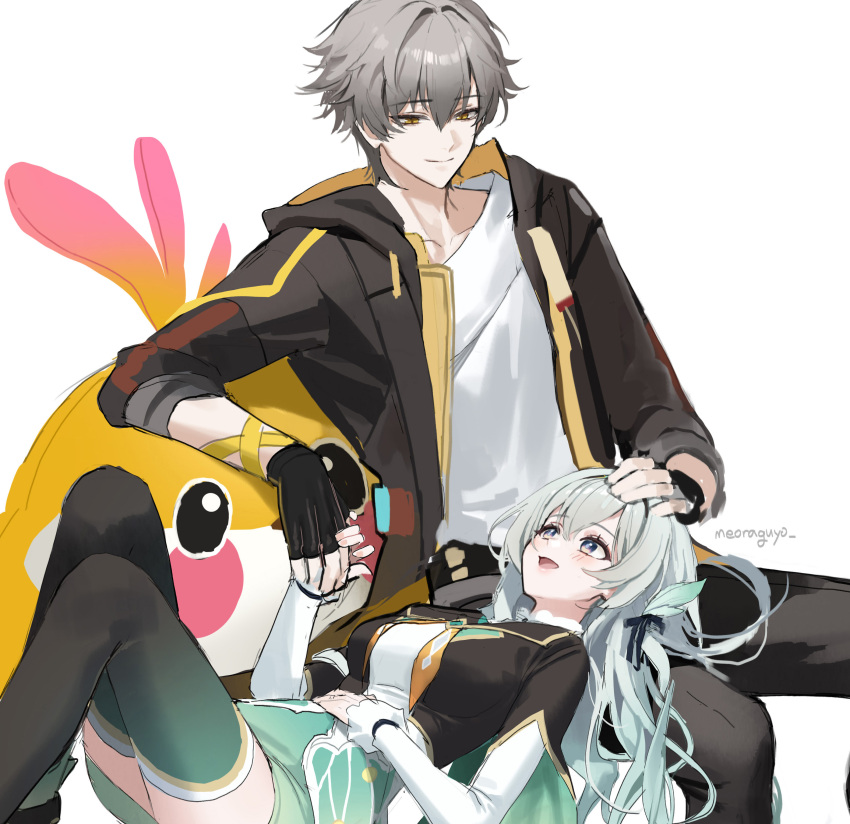 1boy 1girl absurdres aqua_skirt aqua_thighhighs black_coat blue_pupils caelus_(honkai:_star_rail) coat fingerless_gloves firefly_(honkai:_star_rail) gloves grey_hair highres honkai:_star_rail honkai_(series) hood hooded_coat meoyo multicolored_eyes open_clothes open_coat skirt thighhighs trailblazer_(honkai:_star_rail) two-sided_coat two-sided_fabric yellow_coat