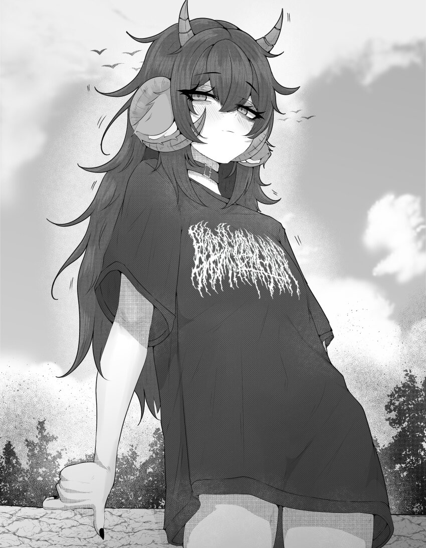 1girl absurdres animal_ears choker closed_mouth clothes_writing cloud commentary commission cowboy_shot crossed_bangs dakotakvlt double-parted_bangs english_commentary greyscale hair_between_eyes highres horns indie_virtual_youtuber long_hair looking_at_viewer mayoa monochrome outdoors sheep_ears sheep_girl sheep_horns shirt short_sleeves sky solo t-shirt virtual_youtuber