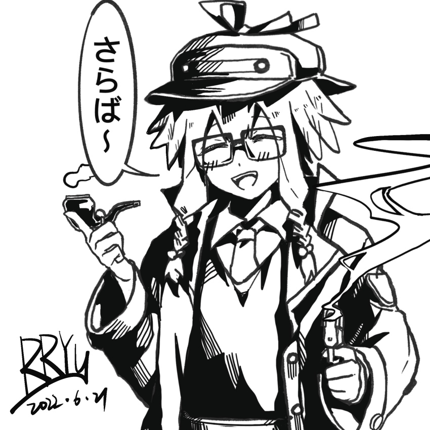 1girl arknights artist_name closed_eyes coat dated deerstalker greyscale gun handgun hat highres holding holding_gun holding_smoking_pipe holding_weapon may_(arknights) may_(elite_ii)_(arknights) monochrome necktie open_mouth pov rectangular_eyewear rryy short_hair_with_long_locks smoke smoking_barrel smoking_pipe solo translation_request weapon
