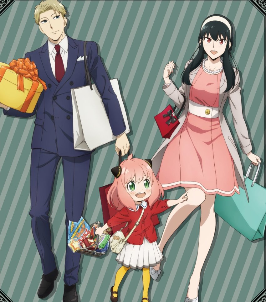 1boy 2girls alternate_costume anya_(spy_x_family) black_hair blonde_hair breasts child dress family father_and_daughter formal_clothes hair_ornament hairband highres holding long_hair looking_at_viewer mother_and_daughter multiple_girls necktie official_alternate_costume official_art red_eyes short_hair sidelocks skirt spy_x_family suit twilight_(spy_x_family) white_skirt yellow_legwear yor_briar