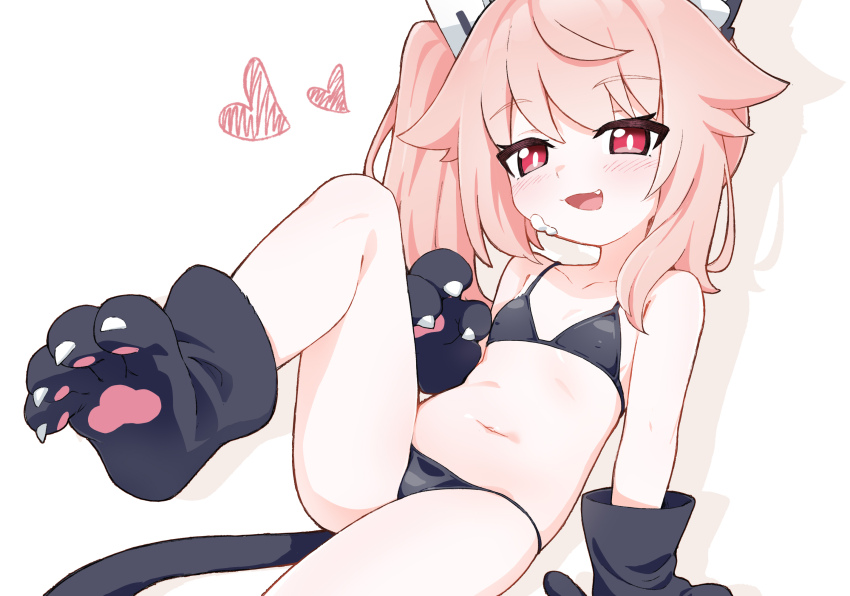 1girl animal_ears animal_hands bikini black_bikini blue_archive blush cat_ears cat_paws cat_tail commentary covered_erect_nipples fake_animal_ears fake_tail fang food food_on_face gloves heart highres long_hair looking_at_viewer natsu_(blue_archive) navel needle_(574187457) open_mouth paw_gloves paw_shoes pink_hair red_eyes side_ponytail simple_background solo swimsuit tail white_background