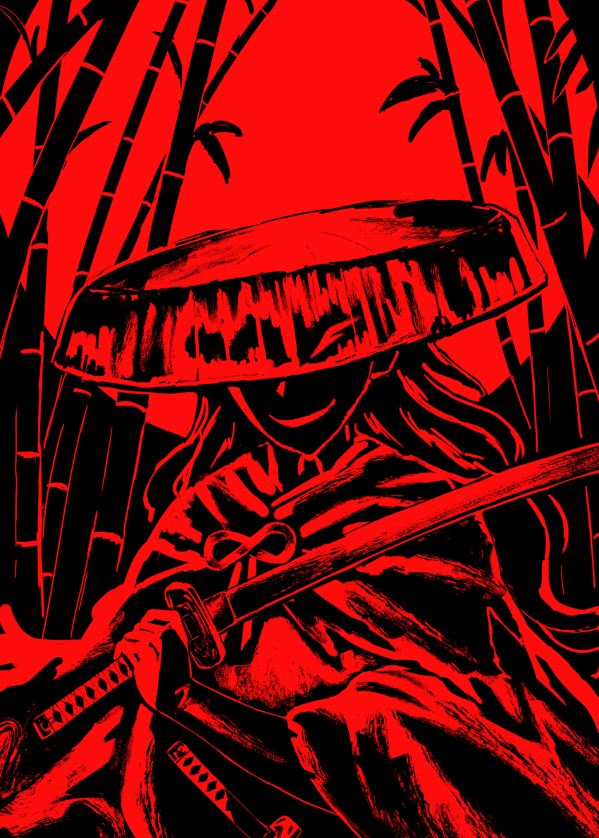 1boy ajirogasa bad_id bad_pixiv_id bamboo black_theme bridal_gauntlets cape commentary_request evil_smile facing_viewer fate/grand_order fate_(series) hat head_tilt highres holding holding_sword holding_weapon japanese_clothes kaina_(tsubasakuronikuru) katana kimono long_sleeves male_focus monochrome okada_izou_(fate) okada_izou_(second_ascension)_(fate) parted_lips red_theme sandogasa smile solo sword weapon wide_sleeves