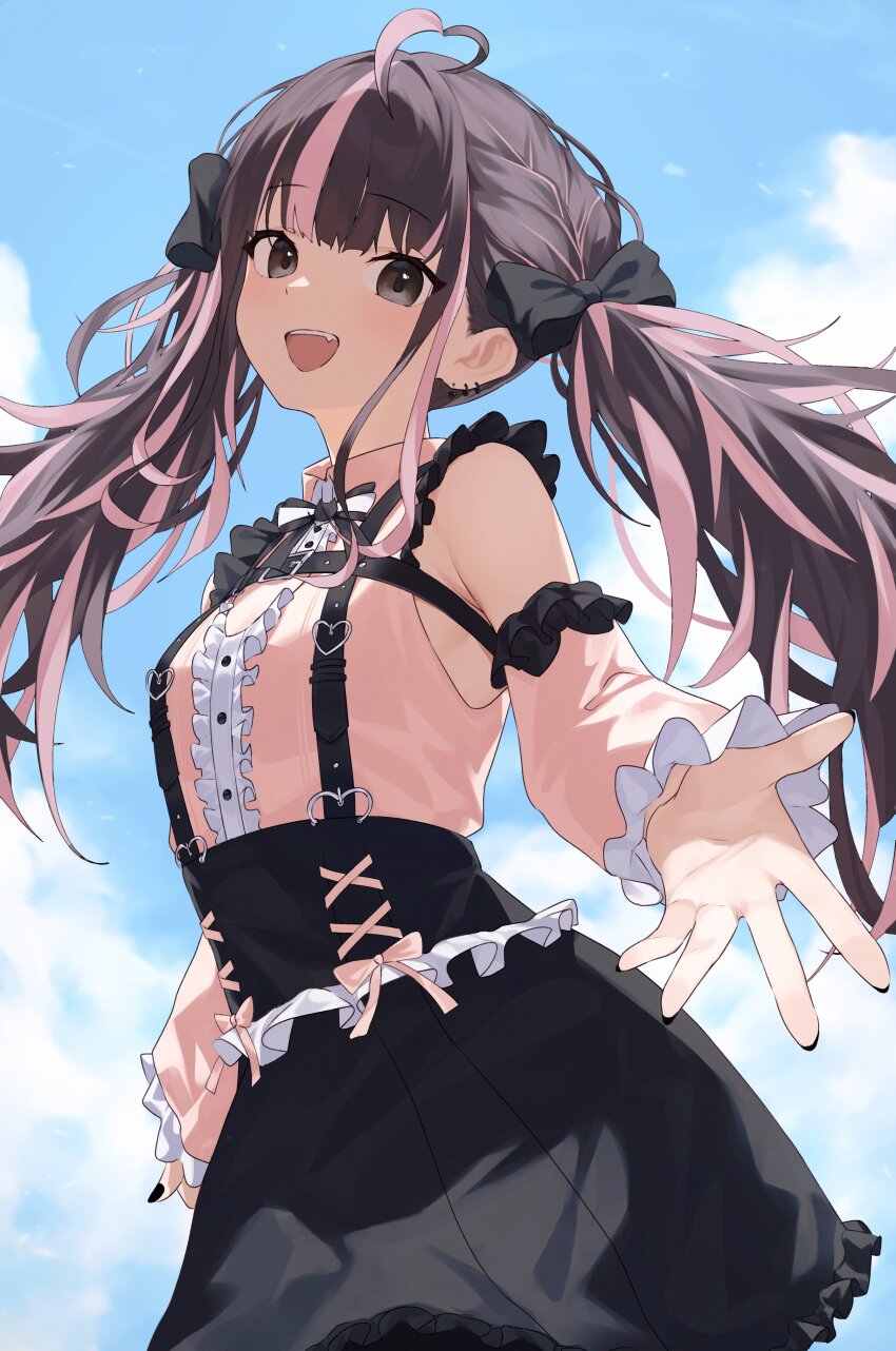 1girl :d absurdres ahoge arms_at_sides backlighting black_bow black_hair black_nails black_skirt blue_sky blunt_bangs bow breasts cloud commission cowboy_shot cross-laced_clothes day detached_sleeves earrings fang foreshortening grey_eyes hair_bow heart heart_ahoge highres indie_virtual_youtuber jewelry kirishima_akeri kuchisode looking_at_viewer messy_hair multicolored_hair nail_polish open_mouth outdoors pink_hair pink_shirt reaching reaching_towards_viewer second-party_source shirt skirt sky sleeveless small_breasts smile solo streaked_hair suspender_skirt suspenders teeth twintails upper_teeth_only