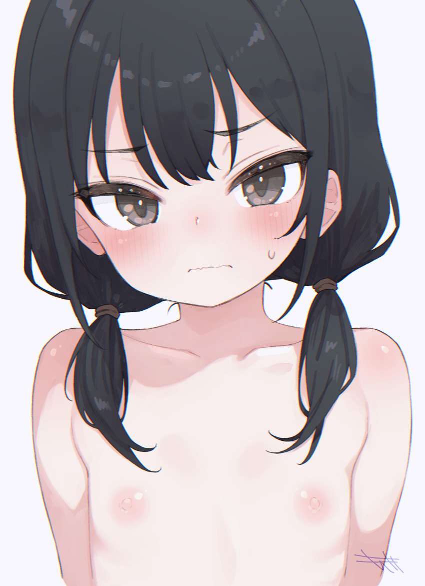 1girl black_hair blush commentary embarrassed flat_chest grey_eyes highres komodj loli looking_at_viewer low_twintails medium_hair nipples nude original romaji_commentary solo twintails upper_body