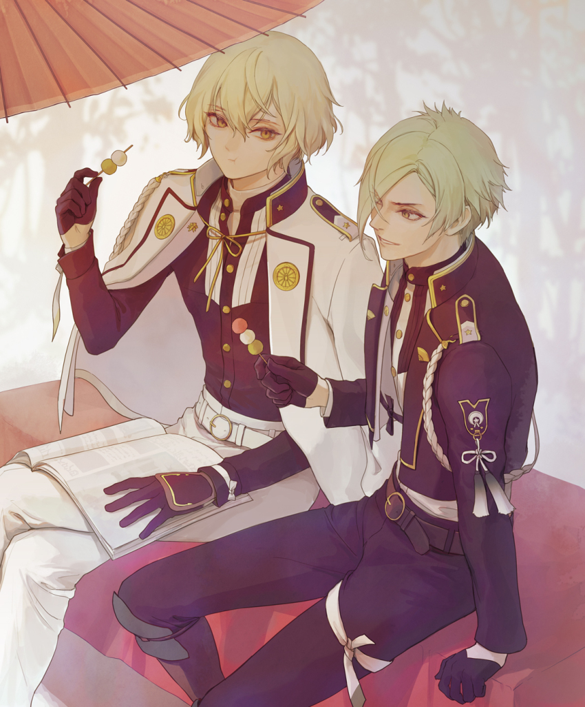 2boys 888myrrh888 belt belt_buckle black_gloves blonde_hair book buckle buttons commentary_request dango food gloves green_hair hair_between_eyes hair_over_one_eye higekiri_(touken_ranbu) highres hizamaru_(touken_ranbu) holding holding_food jacket jacket_on_shoulders long_sleeves looking_at_another male_focus mitarashi_dango multiple_boys open_book open_clothes open_jacket pants shadow short_hair siblings side_part sitting smile touken_ranbu umbrella wagashi white_pants yellow_eyes