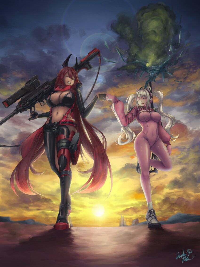 2girls absurdres alice_(nikke) animal_ear_headphones animal_ears anti-materiel_rifle barrett_m82a2 black_gloves bodysuit breasts bullpup cleavage clenched_hand closed_eyes clothing_cutout covered_navel crotch_plate dandelion_yarn fake_animal_ears fingerless_gloves fist_bump gloves goddess_of_victory:_nikke grin gun headphones headset highres hip_vent holding holding_gun holding_weapon horns impossible_bodysuit impossible_clothes jacket large_breasts latex latex_bodysuit leather leather_jacket leather_pants leg_cutout long_hair long_sleeves mechanical_horns medium_breasts multicolored_gloves multiple_girls navel one_eye_closed open_mouth pants pink_bodysuit pink_gloves rapture_(nikke) red_hair red_hood_(nikke) red_scarf rifle scarf scope shrug_(clothing) sidelocks skin_tight smile sniper_rifle solo twintails two-tone_gloves unzipped weapon yellow_eyes