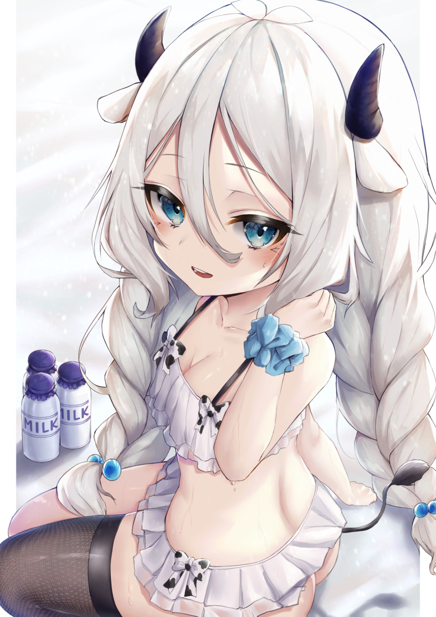 1girl :d absurdres animal_ears ass bikini blue_eyes blush bottle braid breasts collarbone cow_ears cow_horns cow_tail from_behind hair_between_eyes hair_bobbles hair_ornament highres hinamayo horns kokkoro_(princess_connect!) kokkoro_(real)_(princess_connect!) long_hair looking_at_viewer looking_back milk_bottle open_mouth princess_connect! scrunchie single_thighhigh sitting small_breasts smile solo swimsuit tail thighhighs twin_braids white_bikini white_hair wrist_scrunchie