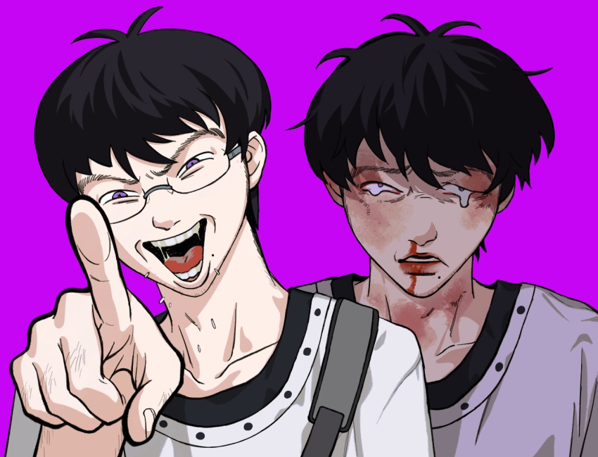 1boy antenna_hair beard_stubble black_hair black_shirt blood bowl_cut bruise bruise_on_face bruised_eye facial_hair frown furrowed_brow glasses half-closed_eyes injury inkya_lovecome layered_shirt looking_at_viewer male_focus messy_hair mole mole_under_mouth multiple_views nosebleed oohashi_taiga open_mouth pointing pointing_at_viewer purple_background purple_eyes saliva shirt short_hair shoulder_strap simple_background smile spitting stubble takushi_(taxi739) tearing_up teeth thick_eyebrows upper_body white_shirt
