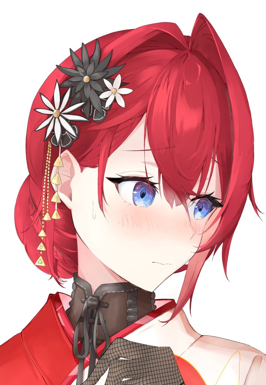 1girl ange_katrina ange_katrina_(new_year) black_flower black_gloves blue_eyes blush bun_with_braided_base closed_mouth commentary_request eyelashes flower gloves hair_behind_ear hair_between_eyes hair_bun hair_flower hair_intakes hair_ornament hand_up highres kanzashi lace lace_gloves looking_to_the_side nijisanji niq_n14 portrait simple_background solo sweatdrop tsumami_kanzashi turning_head virtual_youtuber wavy_mouth white_background white_flower