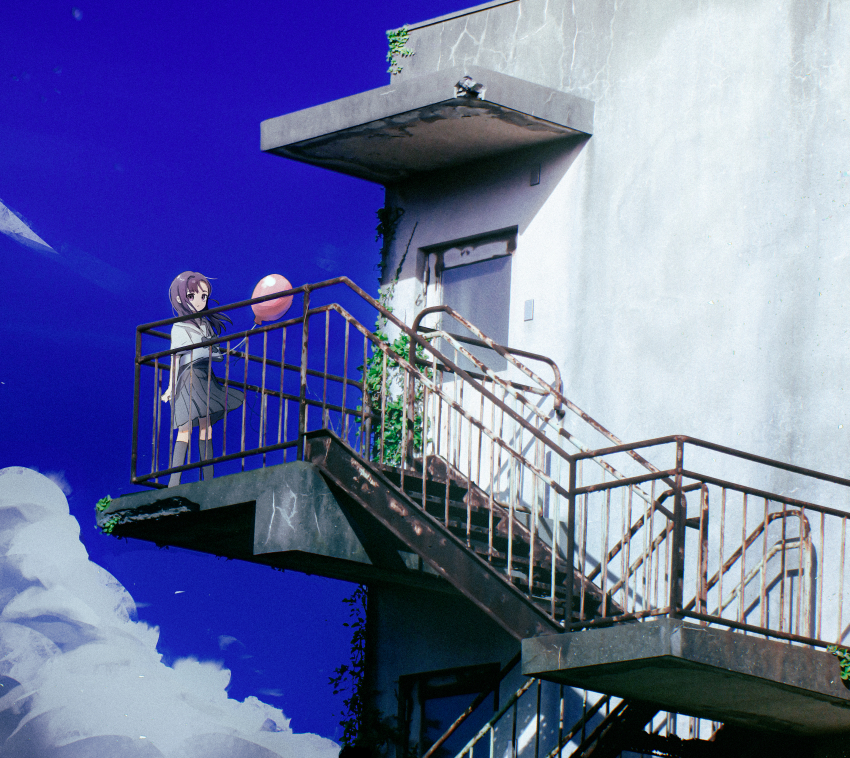 1girl absurdres balloon bow bowtie building cloud cloudy_sky curry_milks expressionless grey_bow grey_bowtie grey_skirt grey_socks highres holding holding_balloon kashiki_yuno kneehighs long_hair looking_at_viewer milgram pleated_skirt purple_eyes purple_hair sailor_collar school_uniform serafuku shirt skirt sky socks solo stairs white_sailor_collar white_shirt