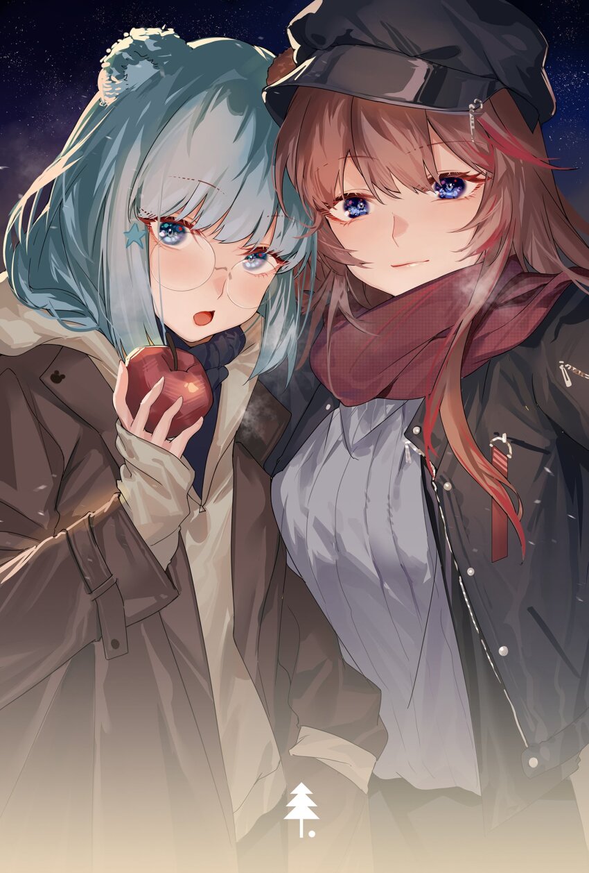 2girls alternate_costume animal_ears apple arknights bear_ears blue_eyes blue_hair braid brown_hair coat food fruit hair_ornament hat highres holding hongbaise_raw istina_(arknights) jacket long_hair long_sleeves looking_at_viewer monocle multicolored_hair multiple_girls red_hair scarf side_braid streaked_hair winter_clothes winter_coat zima_(arknights)