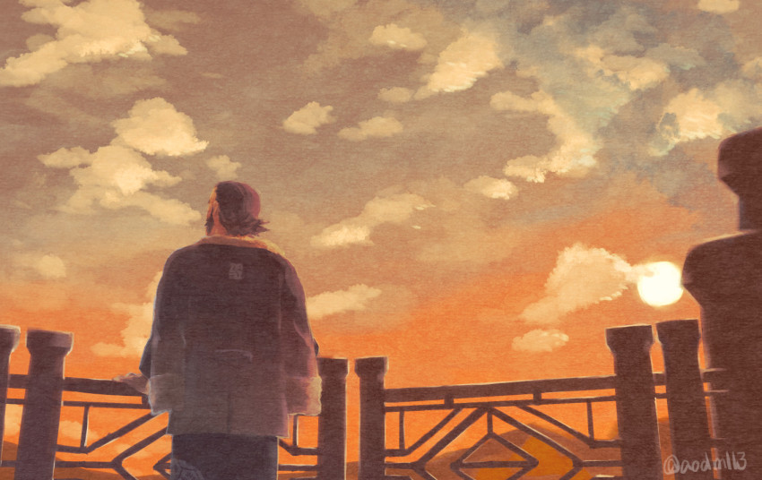 1boy aodamo black_hair cloud commentary_request facial_hair fence from_behind jacket jacket_on_shoulders kamado_(pokemon) leaning male_focus nintendo outdoors pokemon pokemon_legends:_arceus short_hair sky solo sun twilight twitter_username