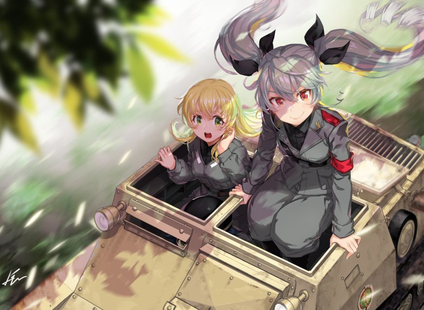 2girls anchovy_(girls_und_panzer) anzio_military_uniform aqua_hair armband belt blonde_hair blurry blurry_foreground bow carpaccio_(girls_und_panzer) carro_veloce_cv-33 drill_hair from_above girls_und_panzer green_eyes hair_bow hatch kws leaf looking_at_viewer military military_vehicle motor_vehicle multiple_girls open_mouth red_eyes sam_browne_belt signature sitting smile tank twin_drills twintails