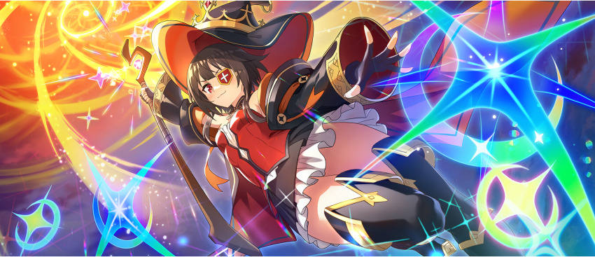 &gt;:) 1girl arm_up black_boots black_collar black_gloves black_hat black_robe black_skirt boots breasts brown_hair casting_spell collar dress_shirt eyepatch fingerless_gloves fold-over_boots frilled_skirt frills from_below game_cg gloves hat highres hooded_robe kono_subarashii_sekai_ni_shukufuku_wo! konosuba!_fantastic_days leg_up looking_at_viewer looking_down mage_staff megumin off-shoulder_shirt off_shoulder official_alternate_costume official_art red_eyes red_shirt robe shirt short_hair short_hair_with_long_locks sidelocks skirt small_breasts smug solo staff thigh_boots thighhighs thighs two-sided_fabric two-sided_robe v-shaped_eyebrows wide_sleeves witch_hat zettai_ryouiki