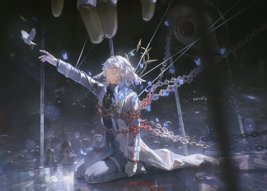 1boy 2girls absurdres bird blood blue_shirt bound brooch chain chinese_commentary coat commentary_request feathered_wings giant_hand gloves grey_hair hair_between_eyes halo halo_behind_head head_wings highres honkai:_star_rail honkai_(series) jewelry male_focus ming_zhentan_allk multiple_girls on_ground outstretched_arm pants parted_lips piercing puppet_strings restrained robin_(honkai:_star_rail) shirt sitting solo_focus stelle_(honkai:_star_rail) string sunday_(honkai:_star_rail) tears thigh_strap tied_up_(nonsexual) trailblazer_(honkai:_star_rail) turtleneck turtleneck_shirt white_coat white_gloves white_pants white_wings wing_piercing wings yellow_eyes yellow_halo