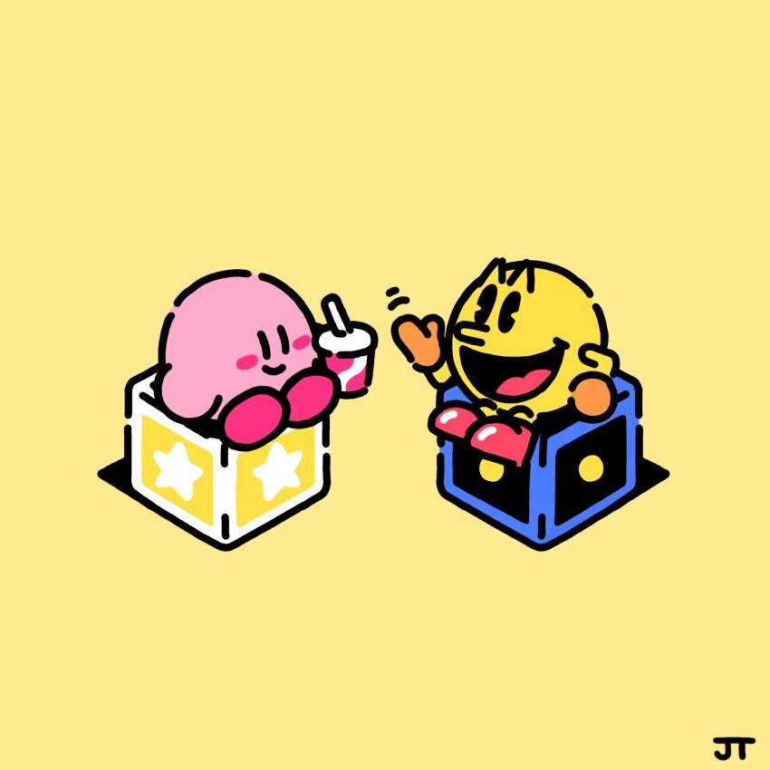:d boots chibi chibi_only closed_mouth commentary crossover cup disposable_cup drinking_straw english_commentary gloves happy highres holding holding_cup james_turner kirby kirby_(series) looking_at_another motion_lines nintendo no_humans open_mouth orange_gloves pac-man pac-man_(game) pac-man_eyes red_boots signature simple_background sitting smile star_(symbol) star_block yellow_background