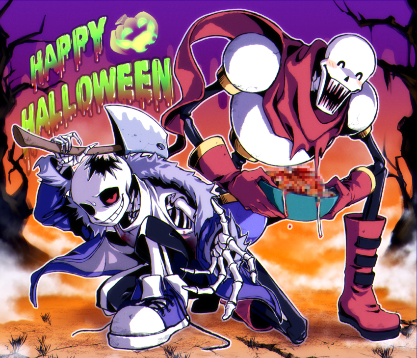 2boys ahin_vpv axe black_sclera black_shorts blood blue_jacket blue_shoes boots censored closed_eyes colored_sclera grin happy_halloween holding holding_axe hood jacket male_focus multiple_boys papyrus_(undertale) red_boots red_eyes red_scarf sans_(undertale) scarf sharp_teeth shoes shorts skeleton smile teeth undertale