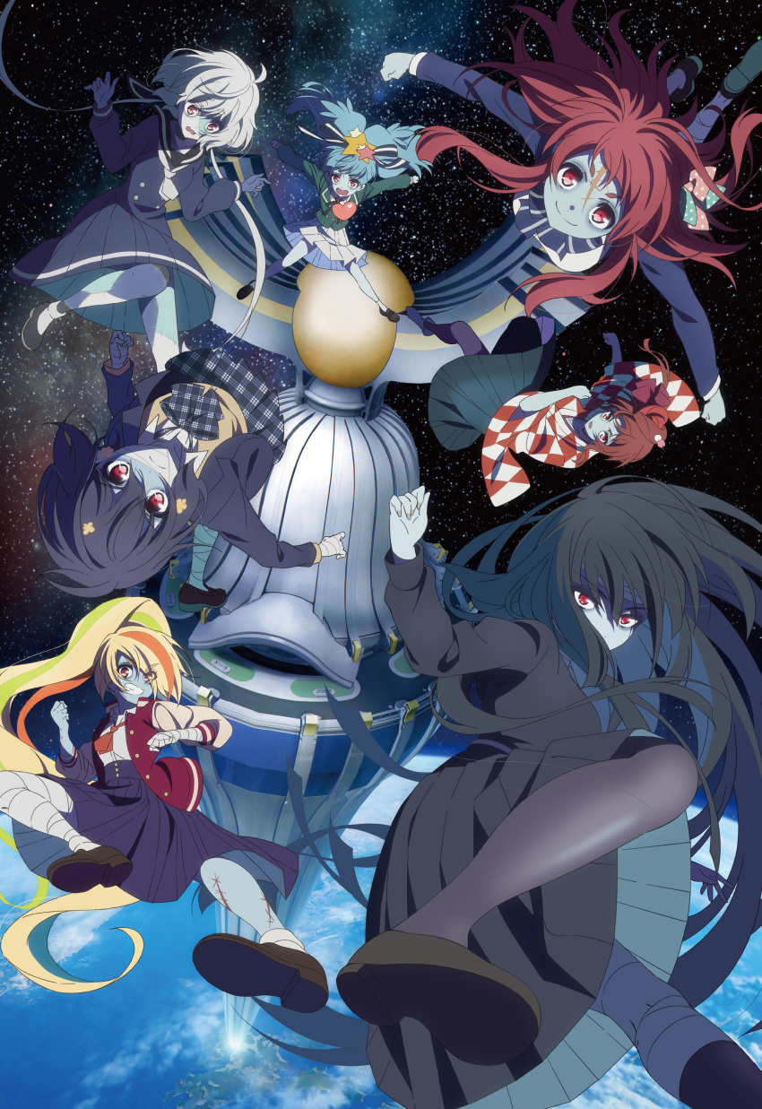 6+girls absurdres argyle_clothes argyle_kimono bandages black_dress black_hair blonde_hair blue_hair blue_skin bow bowtie brown_hair colored_skin commentary_request dango_hair_ornament dress eyes_visible_through_hair food-themed_hair_ornament green_hair grey_hair hair_between_eyes hair_bow hair_ornament hair_over_one_eye hair_ribbon heart_out_of_chest highres hoshikawa_lily jacket key_visual konno_junko long_hair long_skirt looking_at_viewer low_twintails minamoto_sakura mizuno_ai multicolored_hair multiple_girls nikaidou_saki official_art orange_hair patchwork_skin plaid_bow plaid_bowtie plaid_clothes polka_dot polka_dot_bow ponytail promotional_art red_eyes red_hair ribbon sailor_dress scar scar_on_face scar_on_forehead short_hair skirt space star_(sky) stitched_face stitches streaked_hair textless_version twintails yamada_tae yuugiri_(zombie_land_saga) zombie zombie_land_saga