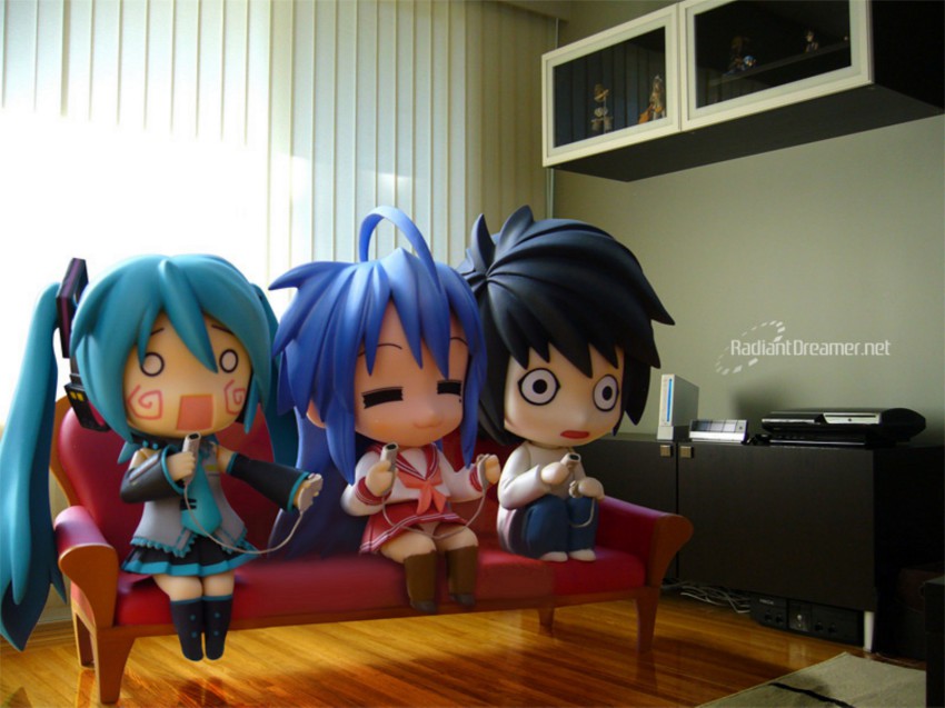 00s =_= blue_hair chibi crossover death_note figure game_console hachune_miku hatsune_miku highres izumi_konata l_(death_note) lucky_star nendoroid o_o panties pantyshot photo_(medium) playstation_3 underwear upskirt vocaloid wii xbox_(original)
