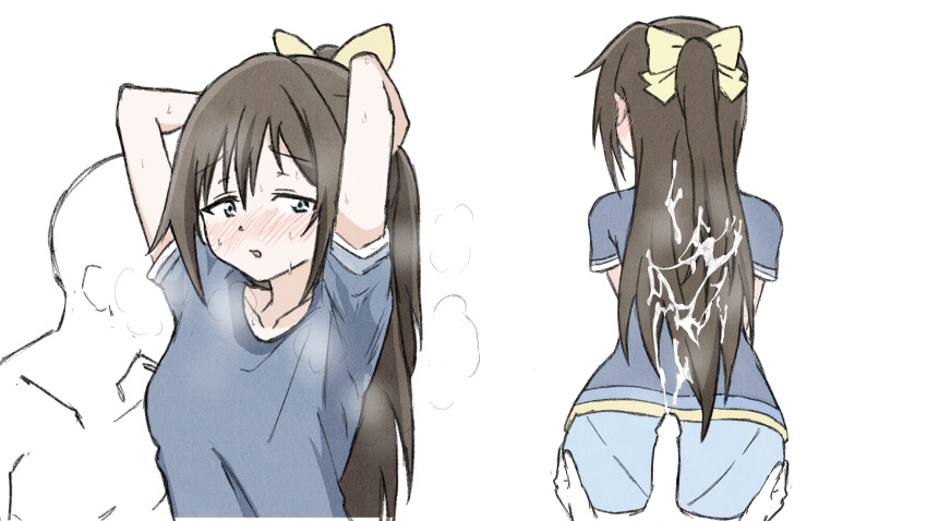 1boy 1girl absurdres arms_up blush bow brown_hair buttjob clothed_female_nude_male cum cum_on_clothes cum_on_hair grabbing_another&#039;s_ass groping hair_bow heavy_breathing highres long_hair love_live! love_live!_nijigasaki_high_school_idol_club nude osaka_shizuku panties_visible_through_clothes pants shirt shizuwonderland smelling smelling_armpit sweat