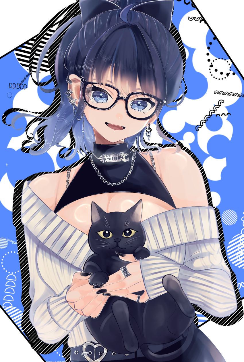 1girl animal black-framed_eyewear black_dress black_nails blue_eyes blue_hair breasts cat cleavage cleavage_cutout clothing_cutout dress earrings ginpe_souda glasses highres holding holding_animal holding_cat jewelry kson kson_(party_dress) large_breasts nail_polish purple_hair ring sleeveless sleeveless_dress smile solo virtual_youtuber vshojo