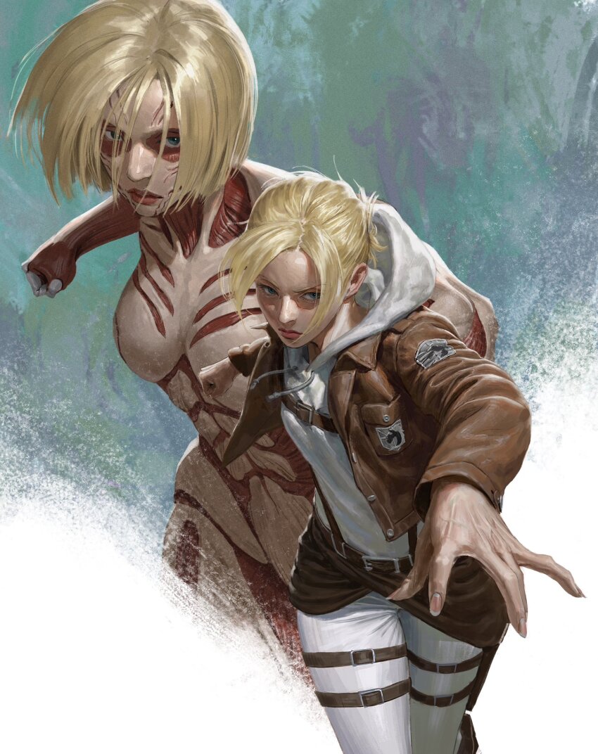 1girl annie_leonhart blonde_hair blue_eyes bob_cut clenched_hand closed_mouth commentary cowboy_shot female_titan hair_bun heo_sung-moo highres hood hoodie incoming_attack jacket looking_at_viewer pants paradis_military_uniform shingeki_no_kyojin solo thigh_strap titan_(shingeki_no_kyojin) white_pants