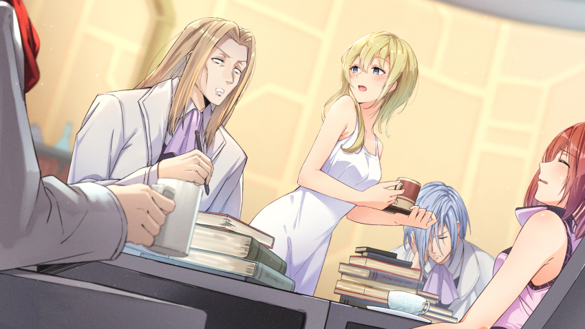 2girls 3boys blonde_hair blurry blurry_background blush book book_stack brown_hair cup dress even_(kingdom_hearts) gogo_(detteiu_de) grey_hair hand_on_own_face highres holding holding_pen ienzo indoors kairi_(kingdom_hearts) kingdom_hearts long_hair mug multiple_boys multiple_girls namine neckerchief pen purple_neckerchief sweatdrop table teacup white_dress
