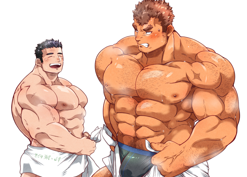 2boys :d ^_^ abs arm_hair ass bara black_male_underwear blush body_hair bulge bulge_lift chest_hair closed_eyes dark-skinned_male dark_skin dressing embarrassed facial_hair feet_out_of_frame forked_eyebrows frown goatee hairy happy highres i&#039;ve_never_seen_a_guy_recreate_this_successfully_tbh_(meme) kizami_nori_to_yamaimo large_pectorals long_sideburns looking_at_another male_focus male_underwear protagonist_3_(housamo) meme multiple_boys muscular muscular_male nipples open_mouth open_pants pants pants_lift pectorals short_hair sideburns smile stomach stubble sweat takabushi_kengo thick_eyebrows tokyo_houkago_summoners topless_male towel_around_waist undersized_clothes underwear yaoi