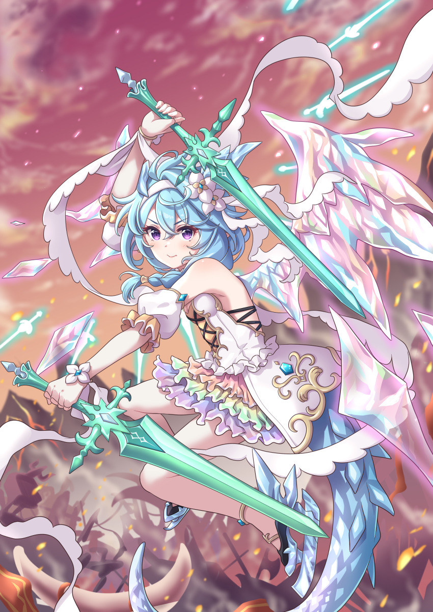 1girl absurdres blue_hair blue_horns cross-laced_clothes cross-laced_dress crystal_horns crystal_tail crystal_wings dragon_girl dragon_horns dragon_wings dual_wielding floating floating_object floating_sword floating_weapon flower hair_flower hair_ornament hairband highres holding holding_sword holding_weapon horns ice_skates light_blue_hair princess_connect! rainbow_skirt rainbow_wings sheffy_(princess)_(princess_connect!) sheffy_(princess_connect!) skates solo sword tsukachii weapon white_flower white_hairband wings
