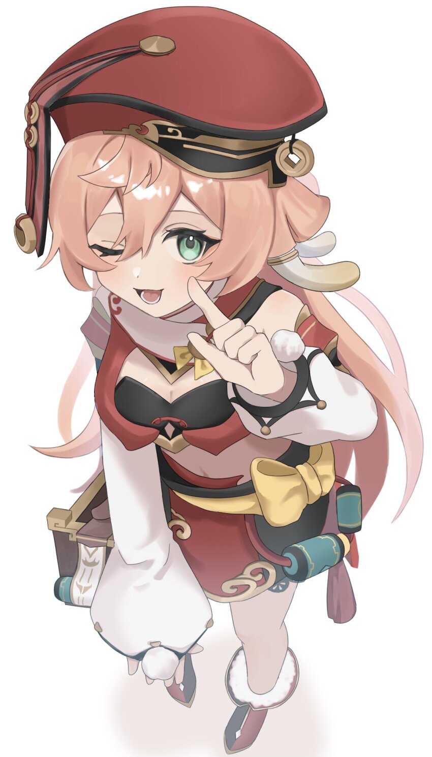 1girl antlers bare_shoulders black_bra box bra breasts coin_hat_ornament crop_top detached_sleeves finger_to_cheek foreshortening from_above full_body genshin_impact green_eyes hair_between_eyes hand_up hat_ornament highres horns index_finger_raised long_hair looking_at_viewer midriff multicolored_clothes navel nemuiyoo00 one_eye_closed open_mouth pink_hair pom_pom_(clothes) red_headwear skirt small_breasts solo two-tone_footwear underwear white_sleeves yanfei_(genshin_impact)