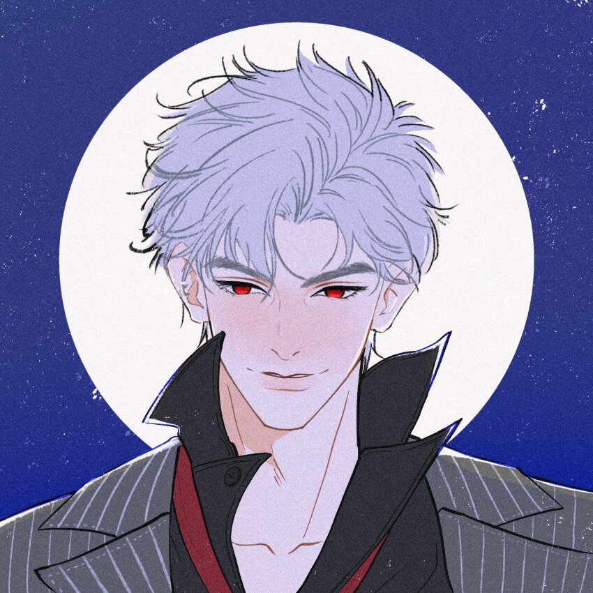 1boy full_moon gfmldjszt highres lapels lips love_and_deepspace male_focus moon necktie night night_sky notched_lapels outdoors parted_bangs portrait red_eyes red_necktie short_hair sky smile solo square star_(symbol) sylus_(love_and_deepspace) wind