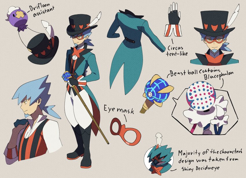 1boy absurdres baggy_pants beast_ball blacephalon black_boots black_hat blue_hair boots brown_eyes cane drifloon english_text fire gen_4_pokemon gen_7_pokemon grey_background hat highres holding holding_cane male_focus miconomicon multiple_views nintendo pants poke_ball pokemon pokemon_(creature) simple_background top_hat ultra_beast white_pants