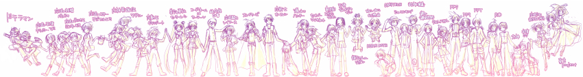10s 1980s_(style) 1990s_(style) 6+boys 6+girls absurdres amaterasu_(ookami) annotation_request asakura_yoh ayanami_rei bakuretsu_hunters bow breasts character_request chrono_(series) chrono_trigger closed_eyes copyright_name creamy_mami crossover death_note doteraman edward_elric final_fantasy final_fantasy_ix final_fantasy_vii fullmetal_alchemist granzort hair_bow hakurei_reimu hat hatsune_miku highres hime-chan_no_ribbon holding_hands houshin_engi hug ikusabe_wataru kaname_madoka kaname_madoka_(magical_girl) kirisame_marisa l_(death_note) lime_(saber_j) lina_inverse locked_arms long_hair long_image lucca_ashtear madou_king_granzort magic_knight_rayearth magical_emi magical_girl mahou_no_princess_minky_momo mahou_no_star_magical_emi mahou_no_tenshi_creamy_mami mahou_no_yousei_persia mahou_shoujo_madoka_magica mahou_shoujo_madoka_magica_(anime) majutsushi_orphen mashin_eiyuuden_wataru medium_breasts meiya_neon minky_momo mokona monochrome morisawa_yuu multiple_boys multiple_crossover multiple_girls neko_neko_fantasia neon_genesis_evangelion nonohara_himeko oldschool one_eye_closed ookami_(game) open_mouth orphen persia persia_(mahou_no_yousei_persia) pokota pokota_(hime-chan_no_ribbon) retro_artstyle saber_marionette_j shaman_king shidou_hikaru short_hair shueisha skirt slayers sleeves_rolled_up small_breasts smile taikoubou tenshi_nanka_janai tira_misu touhou translation_request urameshi_yuusuke vocaloid wide_image wink witch_hat yuu_yuu_hakusho