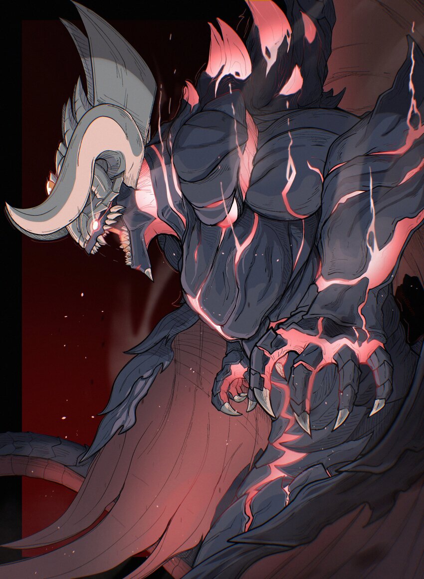 1boy absurdres ailheim claws commentary demon demon_horns demon_tail demon_wings english_commentary fangs fire_emblem fire_emblem:_the_sacred_stones fomortiis_(fire_emblem) forehead_jewel glowing glowing_eyes highres horns male_focus muscular muscular_male nintendo open_mouth profile saliva saliva_trail sharp_teeth tail teeth wings