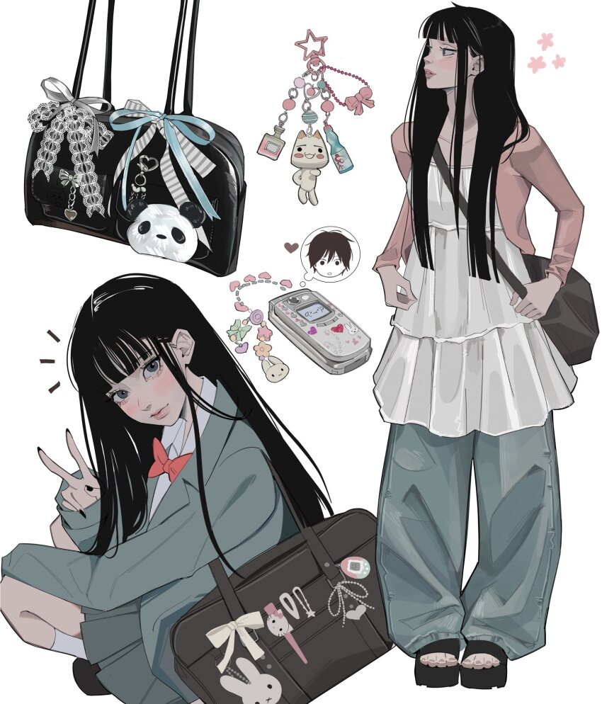 1girl aegyo_sal animal_charm bag black_bag black_eyes black_hair black_shoes blue_jacket blue_pants blue_skirt blunt_bangs bow bowtie cellphone charm_(object) collared_shirt hair_ornament hairclip highres jacket kimi_ni_todoke kuronuma_sawako long_hair long_shirt long_sleeves pants phone pink_jacket pleated_skirt red_bow red_bowtie ribbon shirt shmalloe shoes shoulder_bag simple_background skirt socks solo unworn_hair_ornament unworn_hairclip white_background white_shirt white_socks