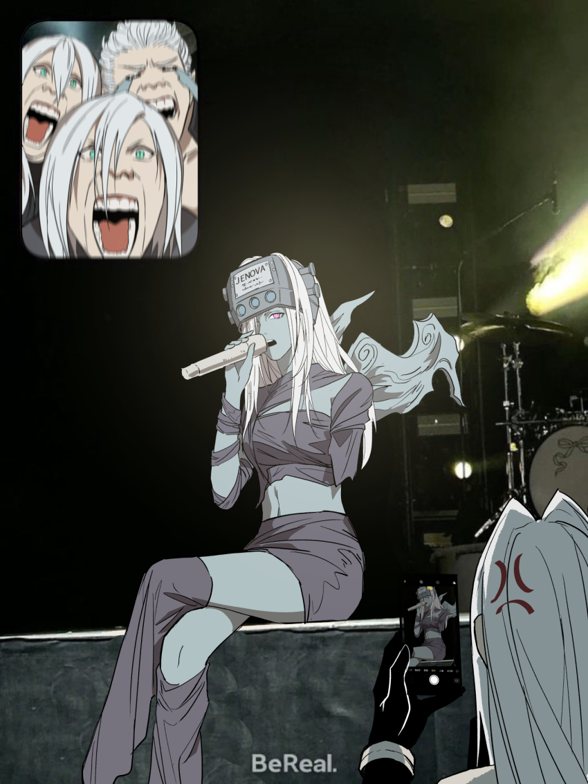 1girl 4boys amputee anger_vein bereal black_gloves breasts brothers closed_eyes colored_skin crossed_legs fan_screaming_at_madison_beer_(meme) final_fantasy final_fantasy_vii final_fantasy_vii_advent_children gloves grey_hair grey_shirt grey_skin grey_skirt grey_thighhighs hair_between_eyes hair_slicked_back helmet highres holding holding_microphone holding_phone jenova kadaj long_hair loz medium_breasts meme microphone midriff miniskirt multiple_boys music open_mouth phone red_eyes sephiroth shirt short_hair shouting siblings singing sitting skirt tears thighhighs yan_river yazoo