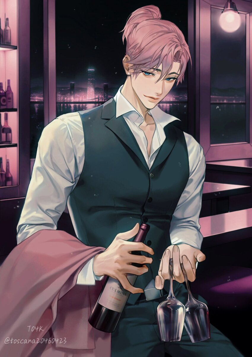 1boy artist_name bar_(place) belt black_belt blue_eyes bottle bridge city city_lights closed_mouth collarbone commentary cowboy_shot cup earclip earrings english_commentary fingernails glass grey_pants grey_vest hair_between_eyes highres holding holding_bottle holding_cup jewelry lamp light_particles looking_at_viewer male_focus night original pants pink_hair plant ponytail river shirt short_hair short_ponytail sitting solo thick_lips toscana20460423 twitter_username vest vines white_shirt