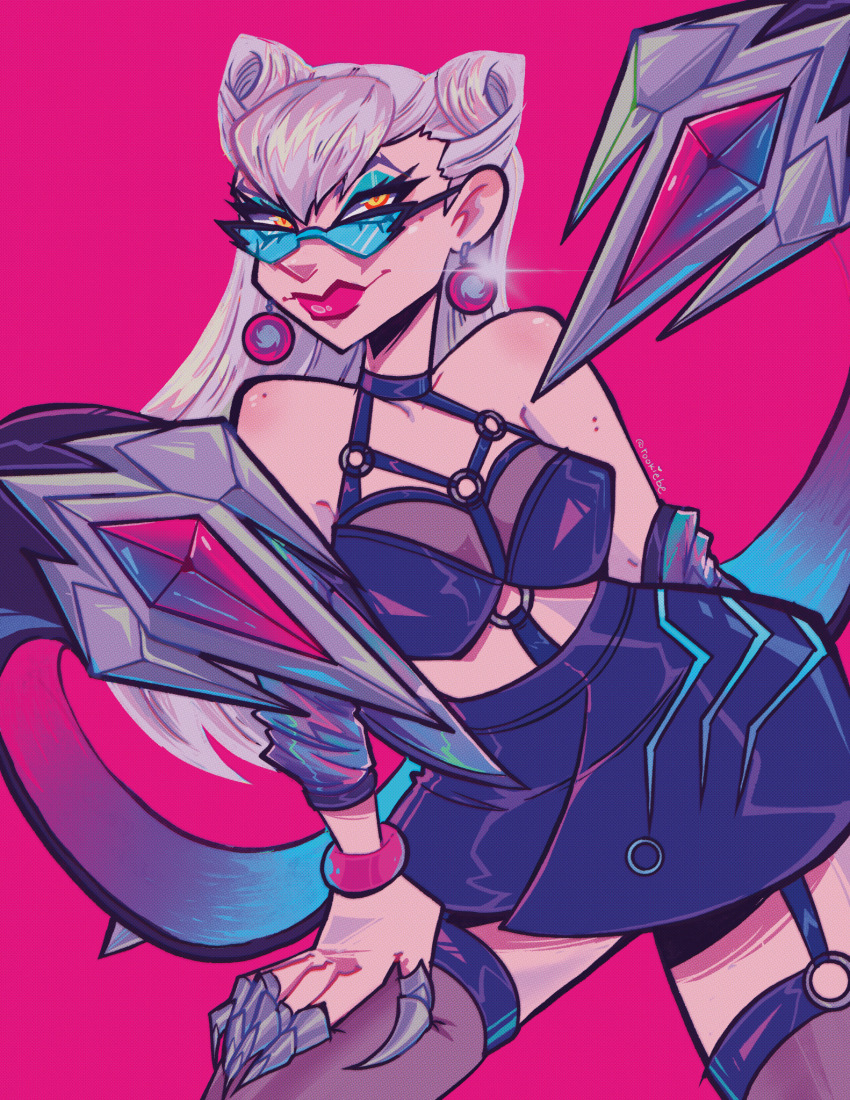 1girl black_bra black_thighhighs bra breasts cleavage demon_girl earrings evelynn_(league_of_legends) highres jewelry k/da_(league_of_legends) k/da_all_out_evelynn league_of_legends long_hair looking_at_viewer medium_breasts pom_pom_(clothes) pom_pom_earrings rookiebe solo thighhighs underwear yellow_eyes