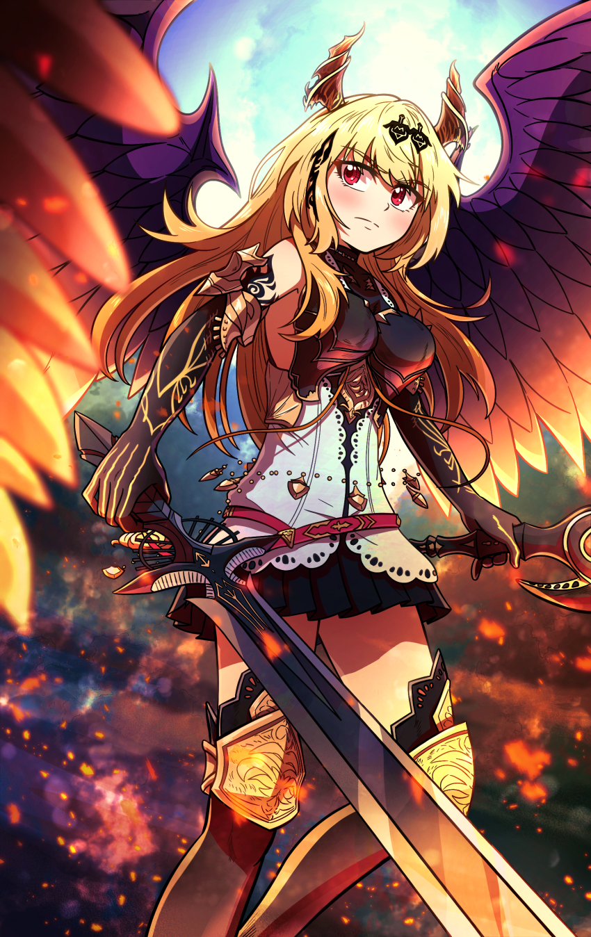 1girl absurdres armor black_gloves black_shirt black_skirt black_thighhighs blonde_hair breasts commission dark_angel_olivia ddolbang dual_wielding elbow_gloves feathered_wings gloves granblue_fantasy highres holding holding_sword holding_weapon horns knee_pads long_hair pixiv_commission pleated_skirt purple_wings red_eyes shadowverse shingeki_no_bahamut shirt skirt sleeveless sleeveless_shirt solo sword thighhighs weapon wings