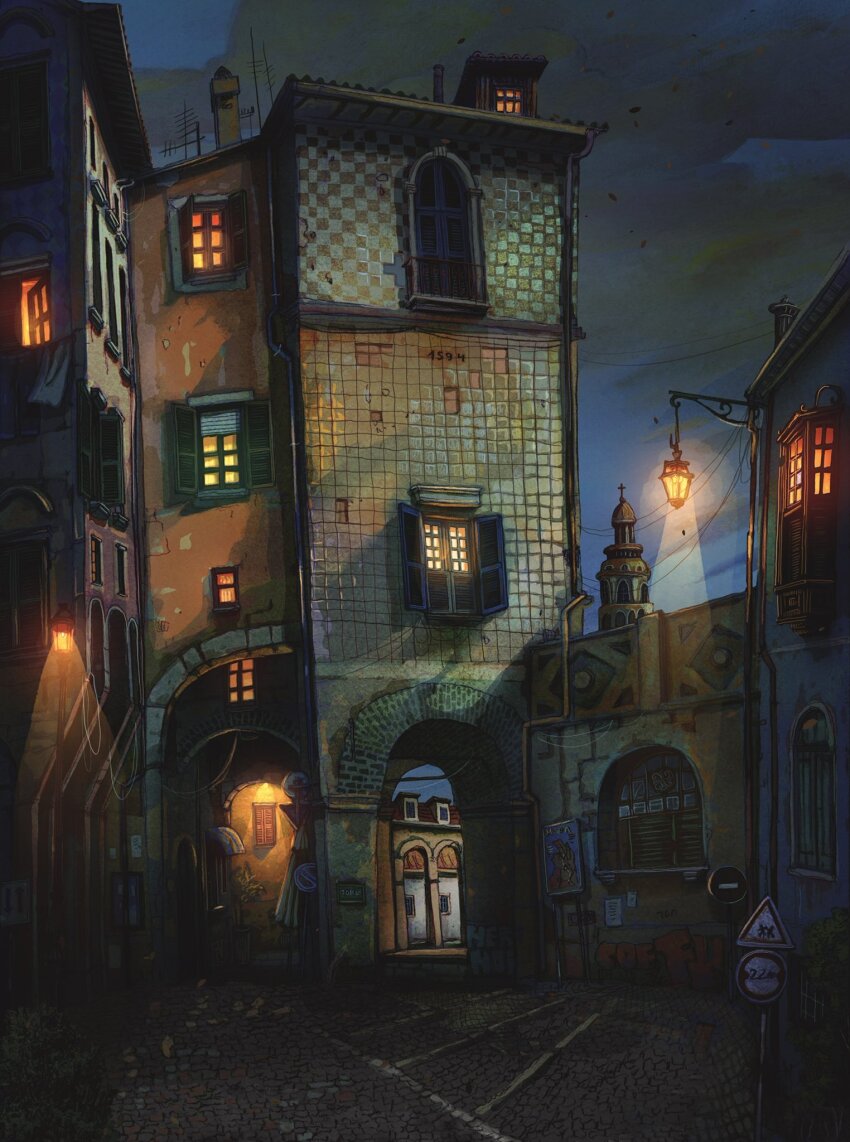 building cross drainpipe francisco_fonseca highres lamppost night no_humans open_window_shutter original radio_antenna road_sign sign urban window window_blinds window_light window_shutter