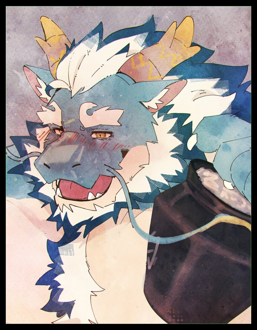 1boy absurdres alcohol animal_ears bara blush claws dragon_boy dragon_ears dragon_horns drunk fangs frostqq furry furry_male highres horns looking_at_viewer male_focus open_mouth qinglong_(housamo) tokyo_houkago_summoners topless_male upper_body whiskers