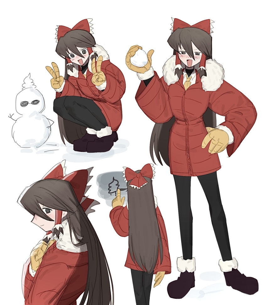 1girl alternate_costume black_eyes black_footwear black_pantyhose blush boots bow brown_hair closed_mouth coat commentary_request cookie_(touhou) double_v emoji empty_eyes frilled_bow frilled_hair_tubes frills gloves hair_between_eyes hair_bow hair_tubes hakurei_reimu hand_on_own_hip hentai_kuso_oyaji highres hitsuji_tamura holding holding_snowball long_bangs long_hair looking_at_viewer manatsu_no_yo_no_inmu multiple_views necktie noel_(cookie) open_mouth pantyhose poop_emoji red_bow red_coat sidelocks simple_background smile snowball snowman squatting touhou v very_long_hair white_background yellow_gloves yellow_necktie