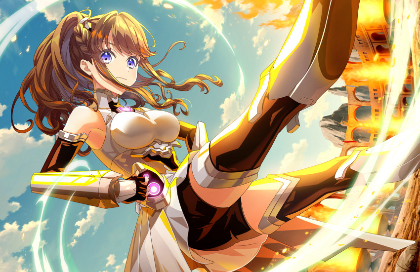 1girl arena armpits black_gloves black_jumpsuit black_thighhighs braid breasts brown_hair closed_mouth colosseum elbow_gloves eyes_visible_through_hair fanfare!!!_(love_live!) feet_out_of_frame fingerless_gloves fujishima_megumi game_cg gloves hands_on_own_hips highres jumpsuit large_breasts link!_like!_love_live! long_hair looking_at_viewer love_live! official_alternate_costume official_alternate_hairstyle official_art outdoors overskirt ponytail purple_eyes short_jumpsuit side_braid sidelocks sleeveless_jumpsuit smile solo thighhighs third-party_source virtual_youtuber