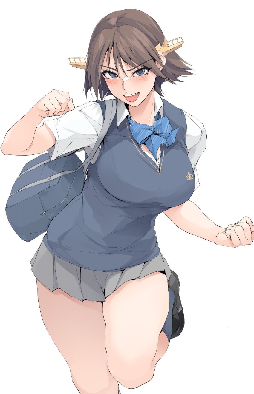 1girl alternate_costume bag breasts brown_hair collared_shirt grey_skirt hairband headgear hiei_(kancolle) highres kantai_collection open_mouth school_bag school_uniform shirt short_hair short_sleeves skirt smile solo standing standing_on_one_leg white_background white_shirt zekkyon