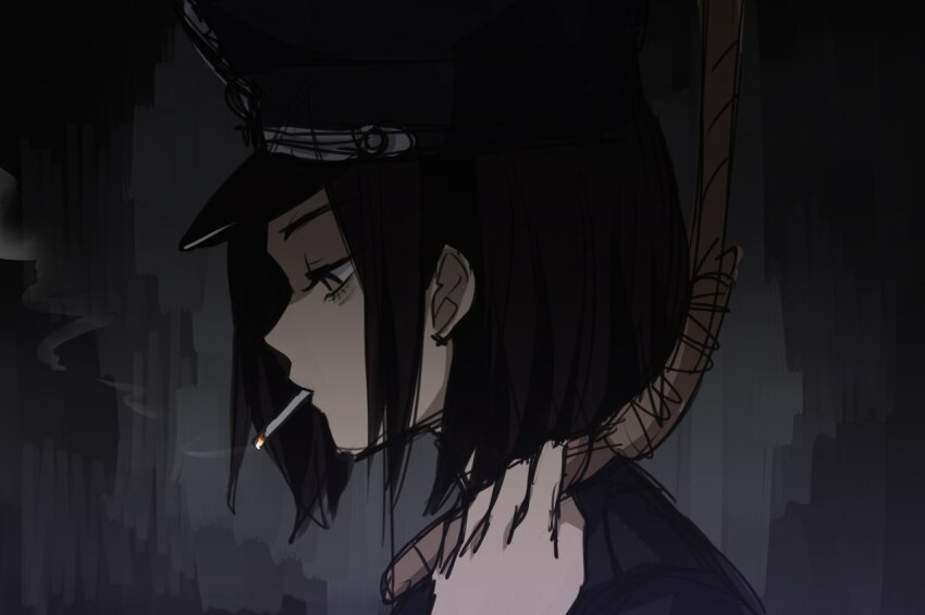 1girl black_hair black_jacket cigarette collar_tabs from_side germany grey_eyes hat holding holding_rope imminent_death imminent_suicide insignia jacket kill-chan looking_down military_dress_uniform military_jacket military_uniform narrowed_eyes nazi noose original peaked_cap rope rope_around_neck saki_(c_ybrbnby) sidelocks smoke smoking ss_uniform suicide waffen-ss world_war_ii