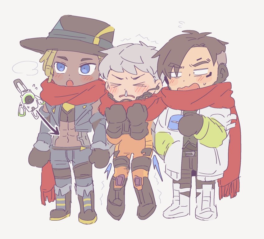 &gt;_&lt; 1girl 2boys abs animification apex_legends black_eyes black_footwear black_gloves black_hair black_pants black_shirt blue_eyes blue_jacket blue_pants blush boots breath chibi clothing_cutout crypto_(apex_legends) dark-skinned_male dark_skin dreadlocks gloves green_vest grey_hair hack_(apex_legends) hand_in_pocket highres holding jacket looking_down looking_to_the_side looking_up multiple_boys navel nojima_minami non-humanoid_robot pants red_scarf robot sanpaku scarf seer_(apex_legends) shirt short_hair snot stomach_cutout surprised trembling valkyrie_(apex_legends) vest white_footwear white_jacket